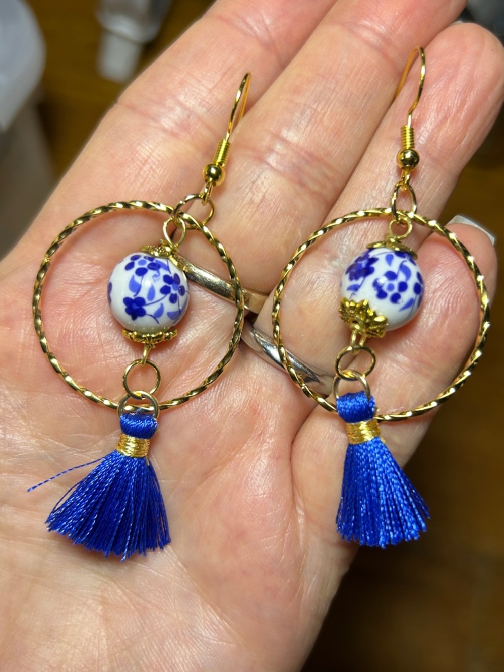 3/$25 Hoop Earrings with Blue Tassel and Porcelain Bead